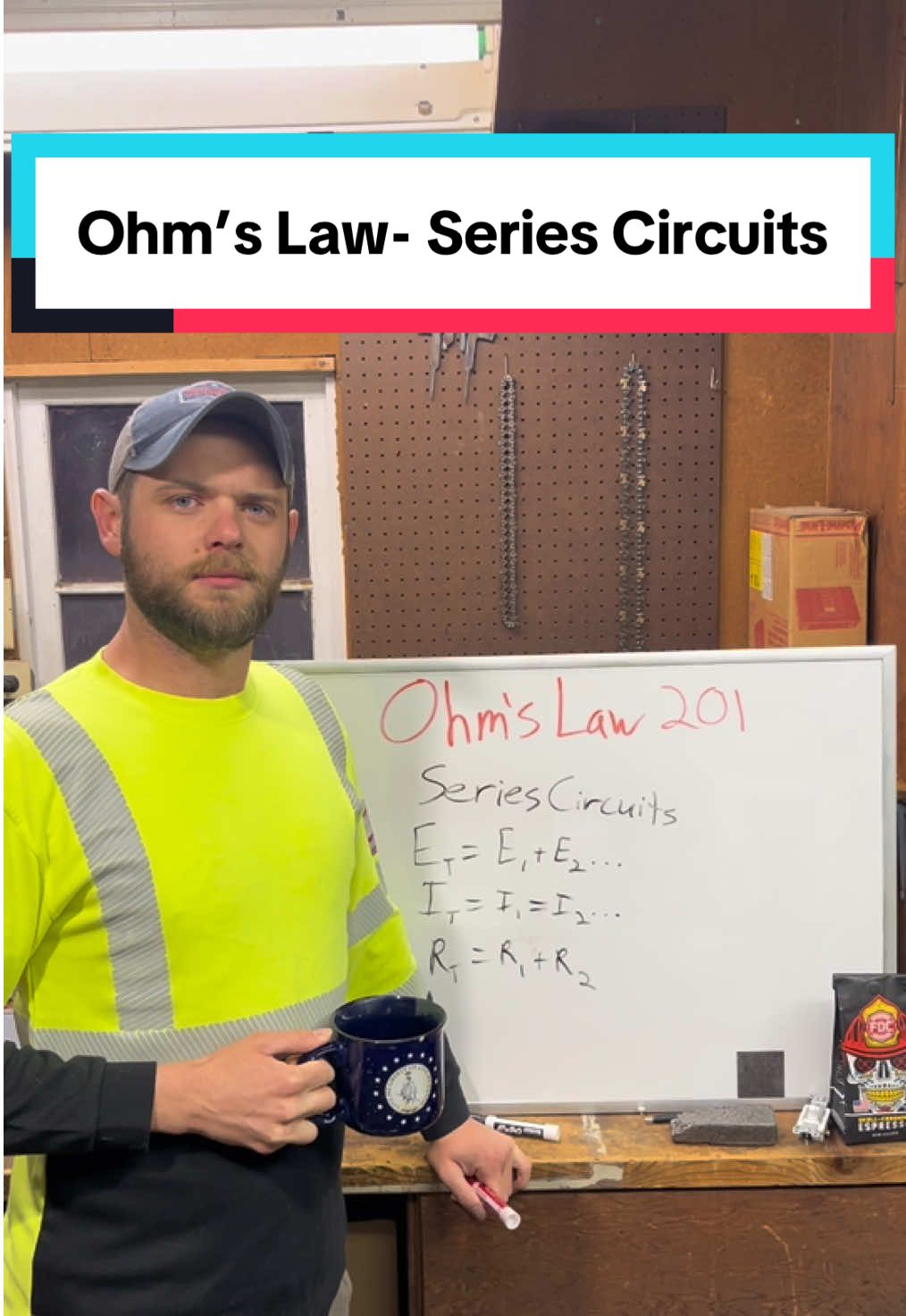 TikTok post by @caffeinated.electrician for Fire Dept. Coffee. Caption reads: Do you understand how ohms law works in series....