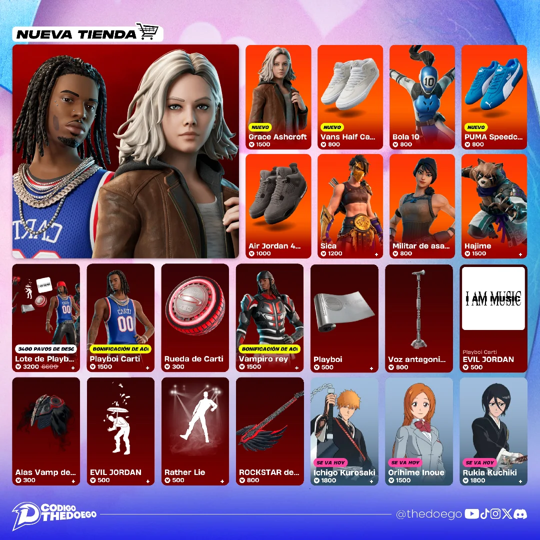 Instagram post by @thedoego for Epic Games Store. Caption reads: 🩸 GRACE ASHCROFT + PLAYBOI CARTI + CLUB MARZO !!....