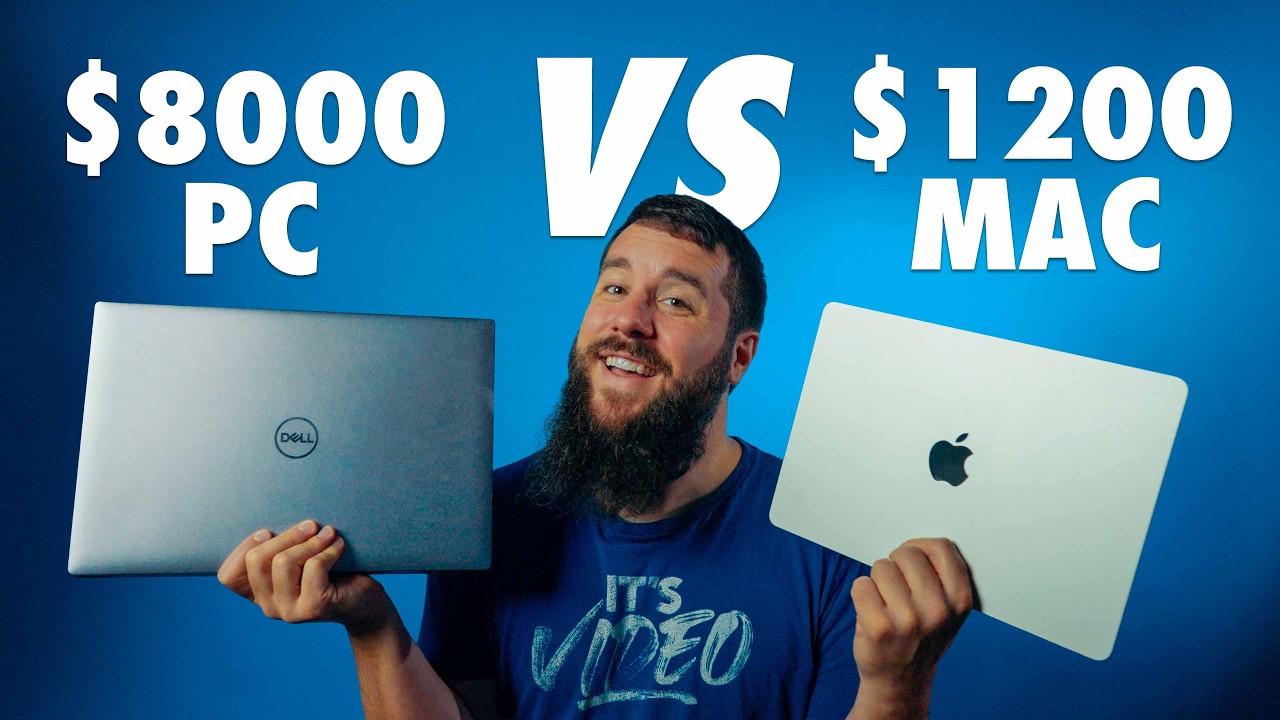YouTube post by @whoismatt for Kondor Blue. Caption reads: $8000 Windows Laptop VS $1200 M4 Macbook Air:....