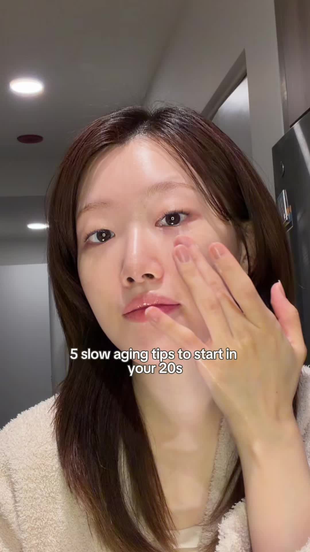 TikTok post by @krystallee2222 for FarmacyBeauty. Caption reads: 5 slow aging tips to start in your 20s✨ Products:....