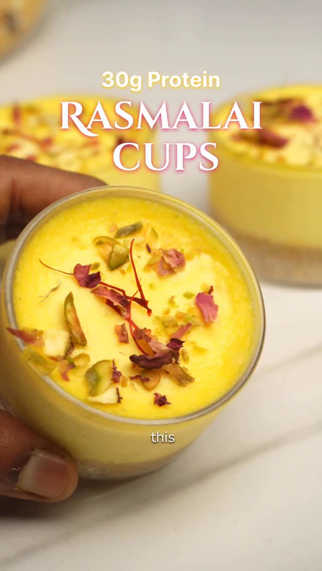 Instagram post by @guiltfree.cookbook for Dymatize. Caption reads: 30g Protein | Healthy Rasmalai Cups
Recipe makes 3....