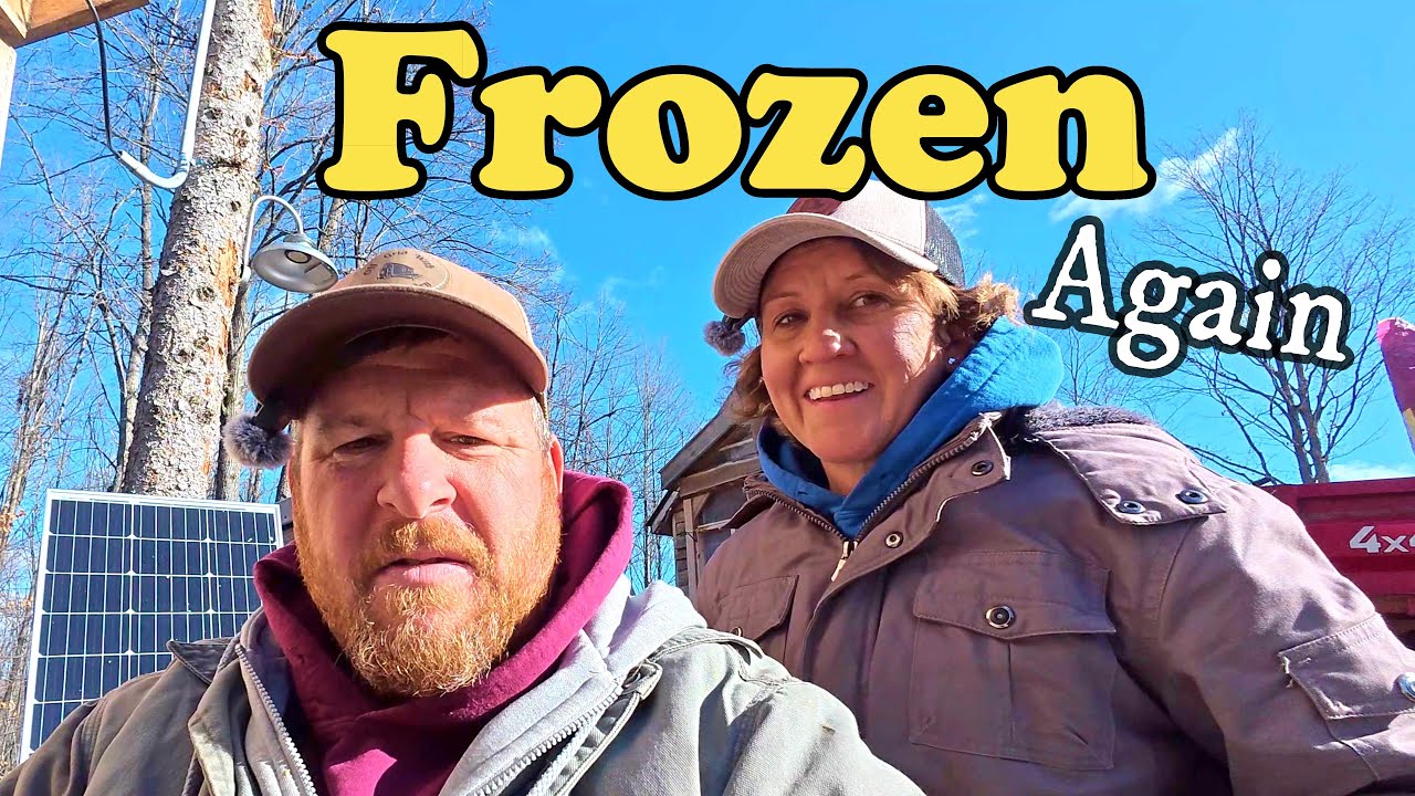 YouTube post by @OffgridwithJayandJen for Eufy. Caption reads: Frozen & Broken Again! — We Should’ve Known....