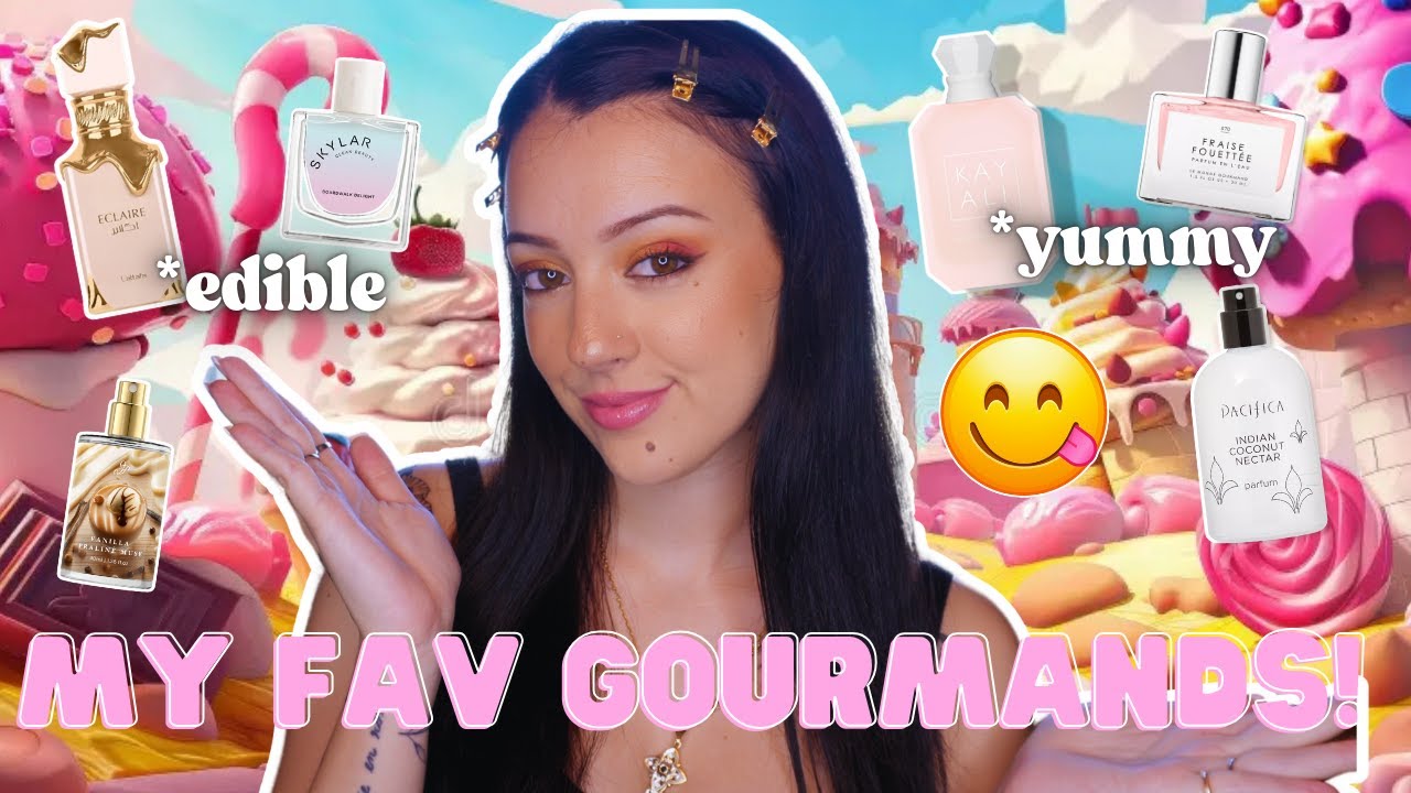 YouTube post by @ksenja6023 for Mercari. Caption reads: My TOP FAVORITE Gourmand Perfumes In My ENTIRE....