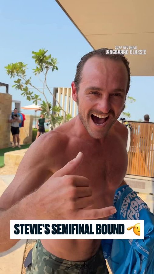 Instagram post by @steviesawyerr for World Surf League. Caption reads: Will he go back to back at @surfabudhabi....