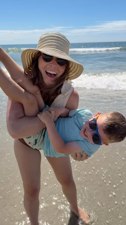 Instagram post by @katiekeever for Blue Lizard Australian Sunscreen. Caption reads: A day at the beach as our first trip as a family....