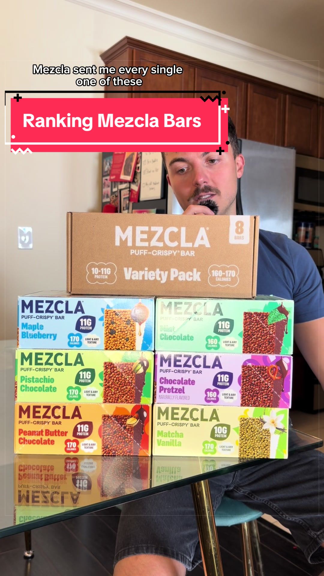 TikTok post by @loganconover_ for Mezcla. Caption reads: Trying and ranking every flavor of @Eat Mezcla....