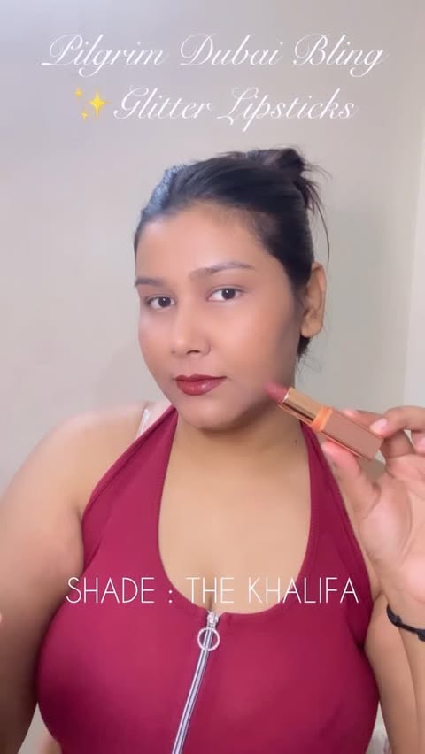 Instagram post by @simmitheexplorer_ for Pilgrim Makeup. Caption reads: Tiny Lipsticks, Dubai Bling Energy ✨ These little....