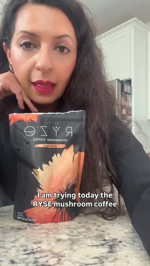 Instagram post by @_fashionby_uma_ for Stack Influence. Caption reads: RYZE Mushroom Coffee is Powered by 6 adaptogenic....