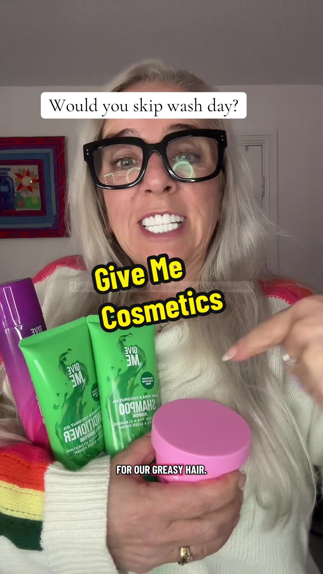 TikTok post by @styleover50withcazz for Give Me Cosmetics. Caption reads: Give me cosmetics greasy hair bundle with [...].