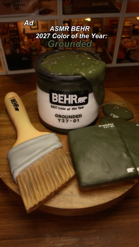 Instagram post by @kittyasmrxo for BEHR Paint. Caption reads: [...] Grounded T27-01 Wax Cracking ASMR @behrpaint....