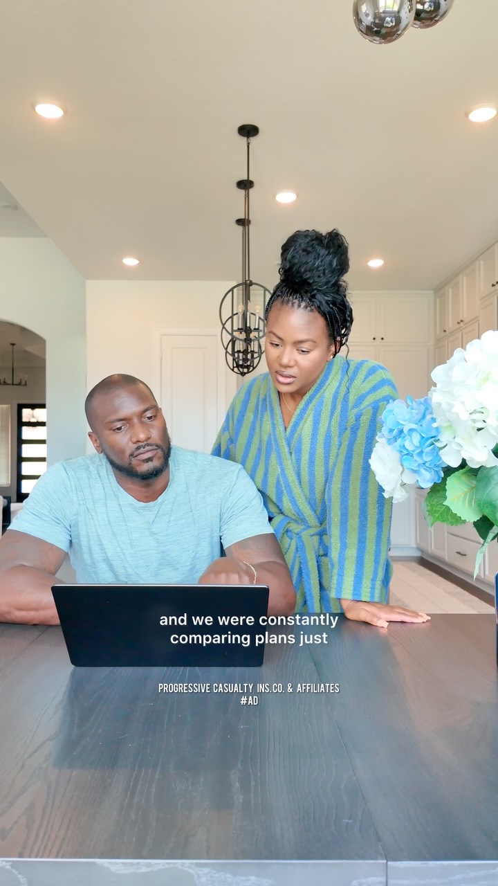 Instagram post by @itsdestene_ for Progressive. Caption reads: #ad As new parents juggling so many things, car....