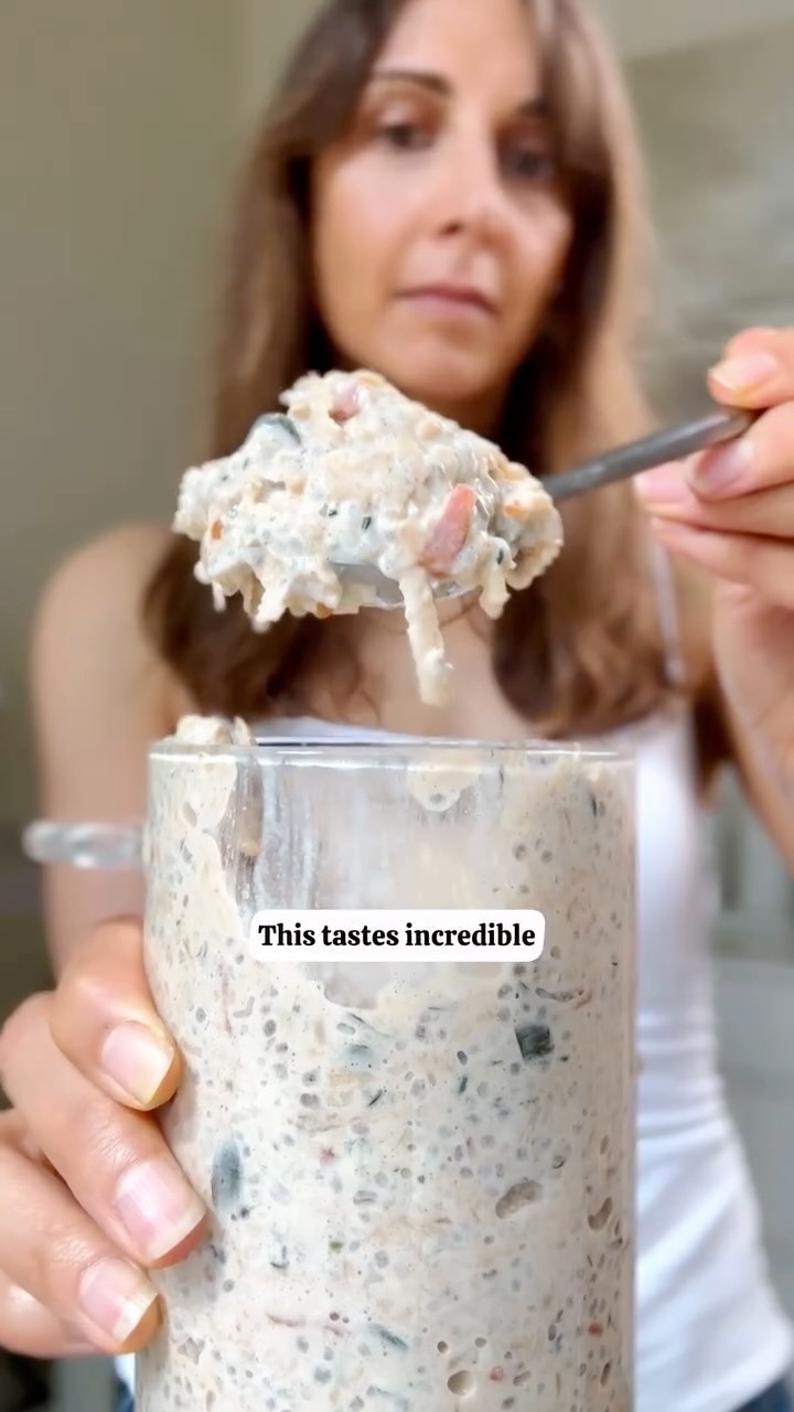 Instagram post by @cookingforpeanuts for One Degree Organic Foods. Caption reads: 32G Protein Bircher Chia Pudding so good!💬COMMENT....