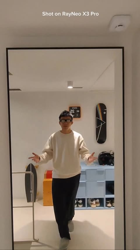 Instagram post by @trystane for RayNeo. Caption reads: I tried filming with @rayneo_global X3 Pro....