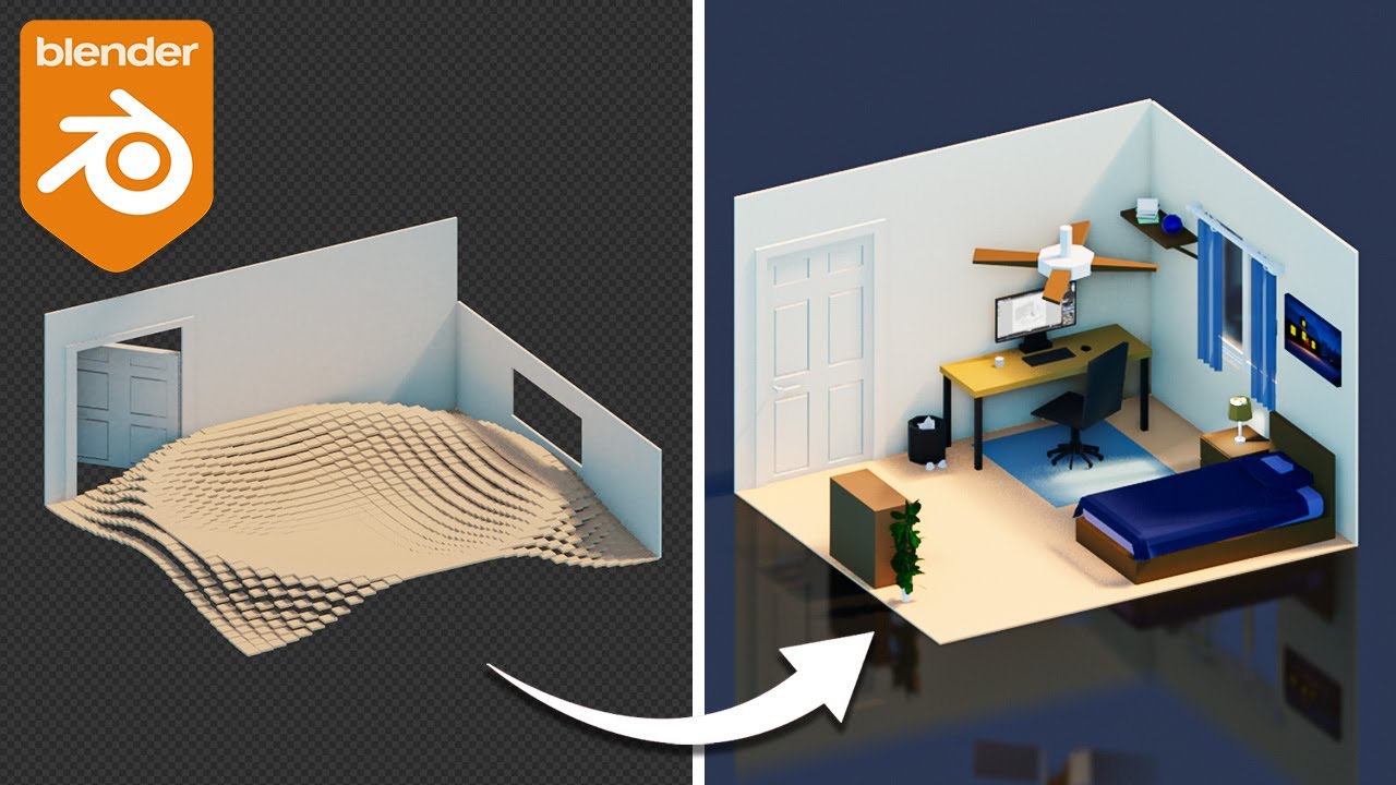 YouTube post by @BlenderMadeEasy for Skillshare. Caption reads: How to Animate an Isometric Room in Blender |....