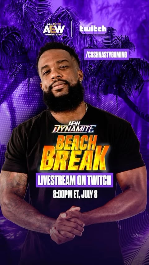 Instagram post by @cashnasty for Twitch. Caption reads: [...] #AEWDynamite TOMORROW at 8P ET only on....
