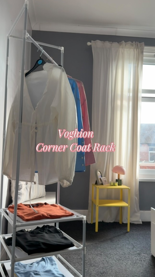 Instagram post by @raynewonders for Voghion. Caption reads: Three-Layer Corner Rack Stylish and Practical.At....