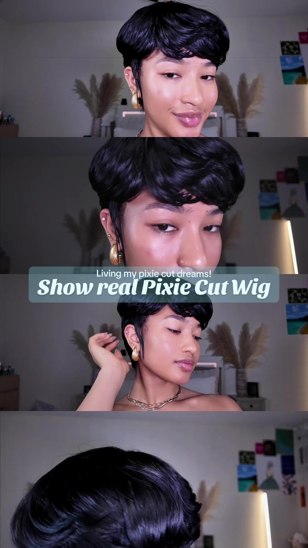 TikTok post by @itzmisswright for Showreal Human Hair. Caption reads: I’ve always wanted to try a pixie cut but cutting....
