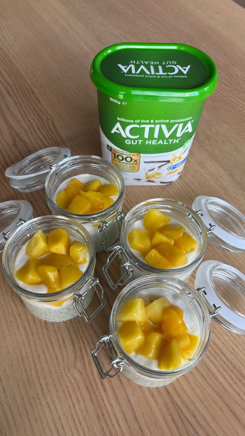 Instagram post by @cherylng.dietitian for Activia. Caption reads: [...] gut back 🥭 matcha chia sago jars with....
