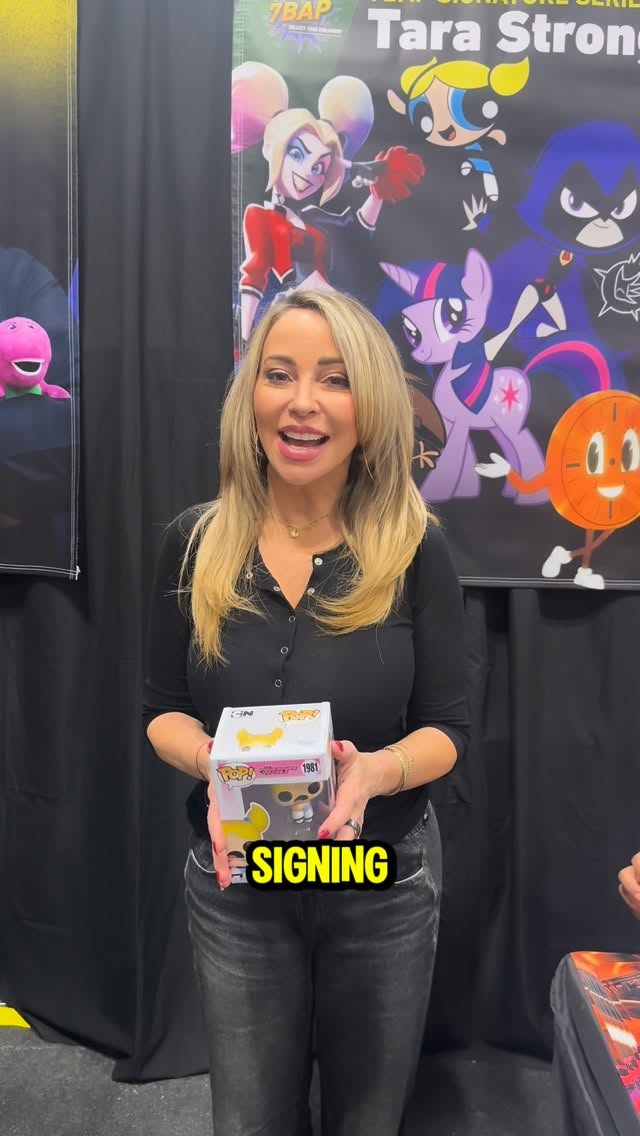 Instagram post by @tarastrong for Funko. Caption reads: Can you guess how many characters Tara Strong has....
