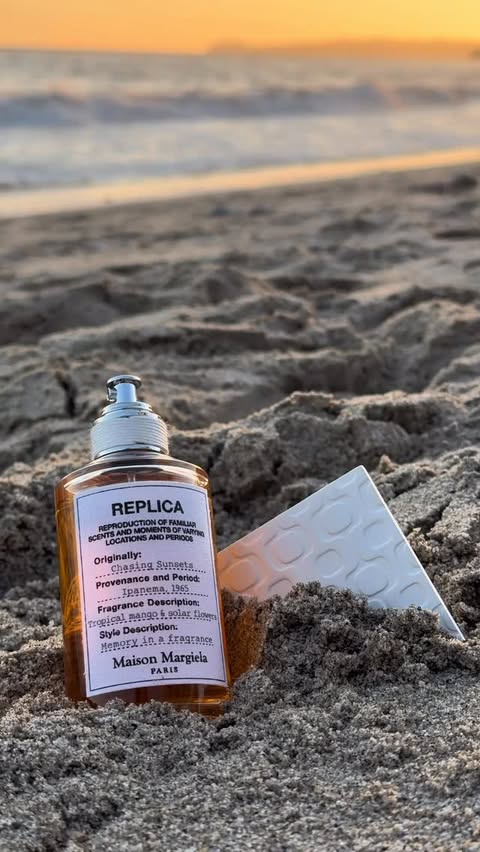 Instagram post by @mikituka for Maison Margiela Fragrances. Caption reads: Golden hour in a bottle by....