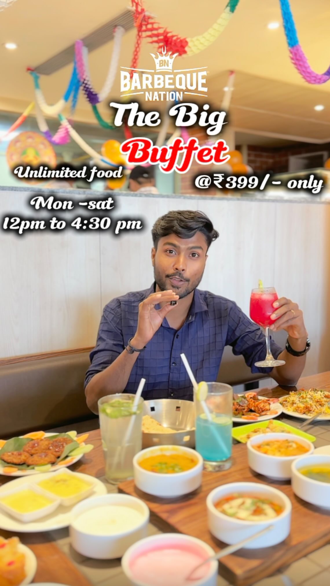 Instagram post by @rajiv_the_blogger for Barbeque Nation. Caption reads: Big hunger meets BIG BUFFET — only at Barbeque....