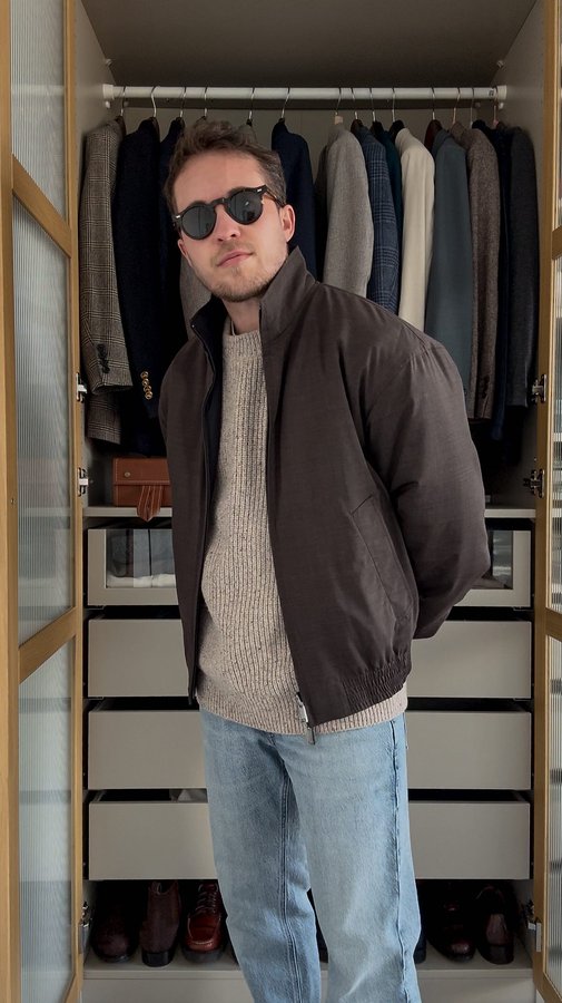 Instagram post by @lukewesleypearson for Theory. Caption reads: [...] brown? 🤎🙋🏻‍♂️

Trying on 3 new pieces....