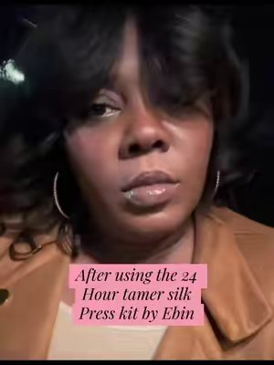 TikTok post by @kindra_tts_affiliate for EBIN NEW YORK. Caption reads: [...] Shine for the ultimate silk press! @EBIN NEW....