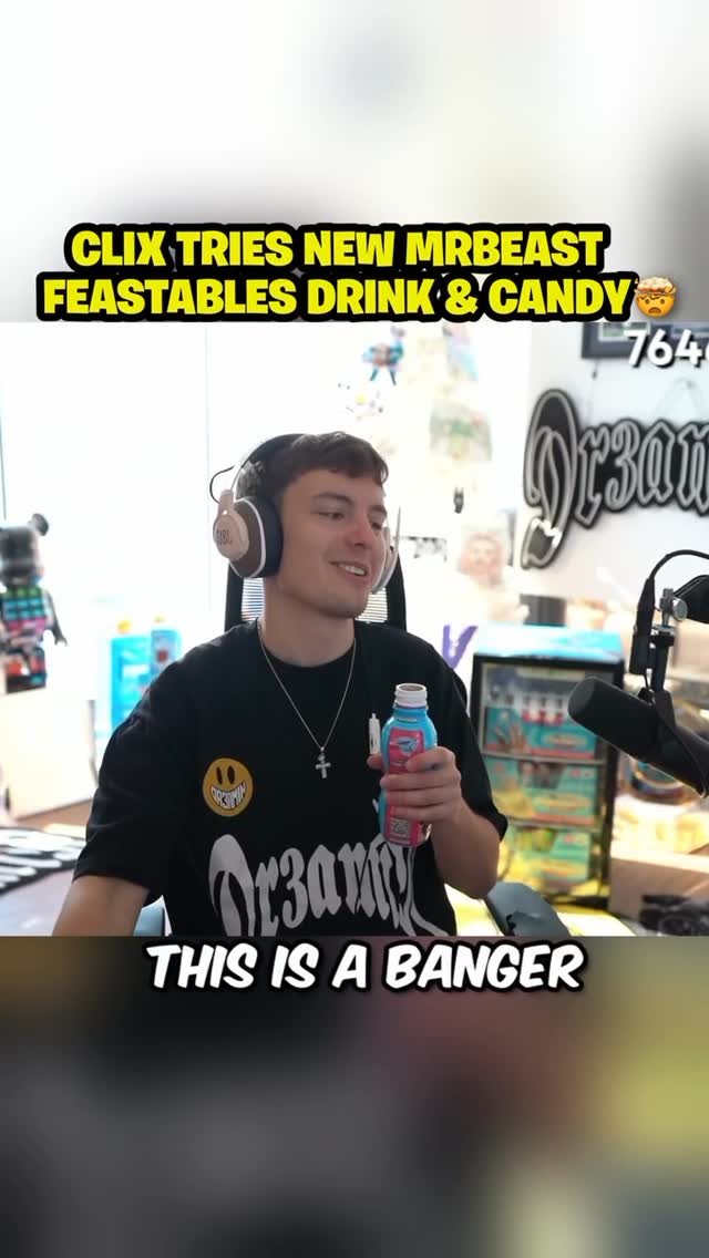 Instagram post by @clix for Feastables. Caption reads: MrBeast sent me his new chocolate milk and sour....