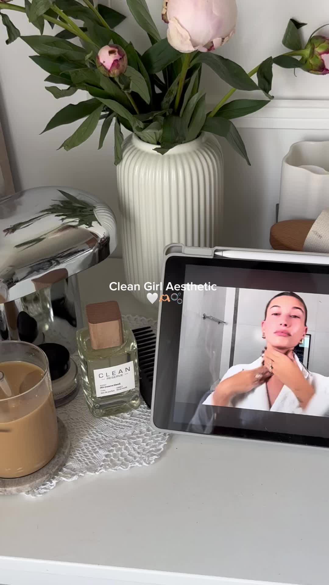 TikTok post by @itsmemarinaa for Clean Beauty. Caption reads: [...] Girl Aesthetic 🫧🤍 #CleanReserve....