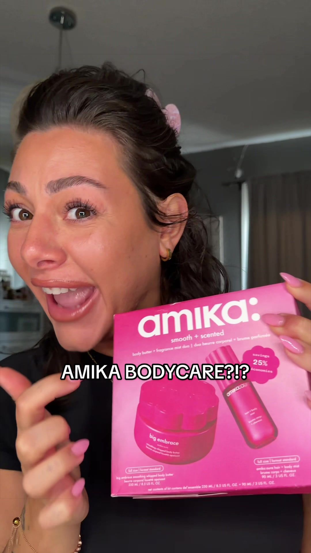 TikTok post by @izzysantulli for Amika. Caption reads: I CANNOT BELIEVE that @amika now has body care?!?!....