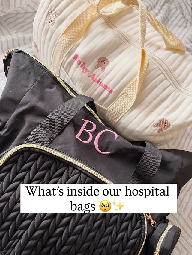 Instagram post by @athomewithbecandjames for Callie Gifts. Caption reads: [...] Hospital bags previously Gifted by....