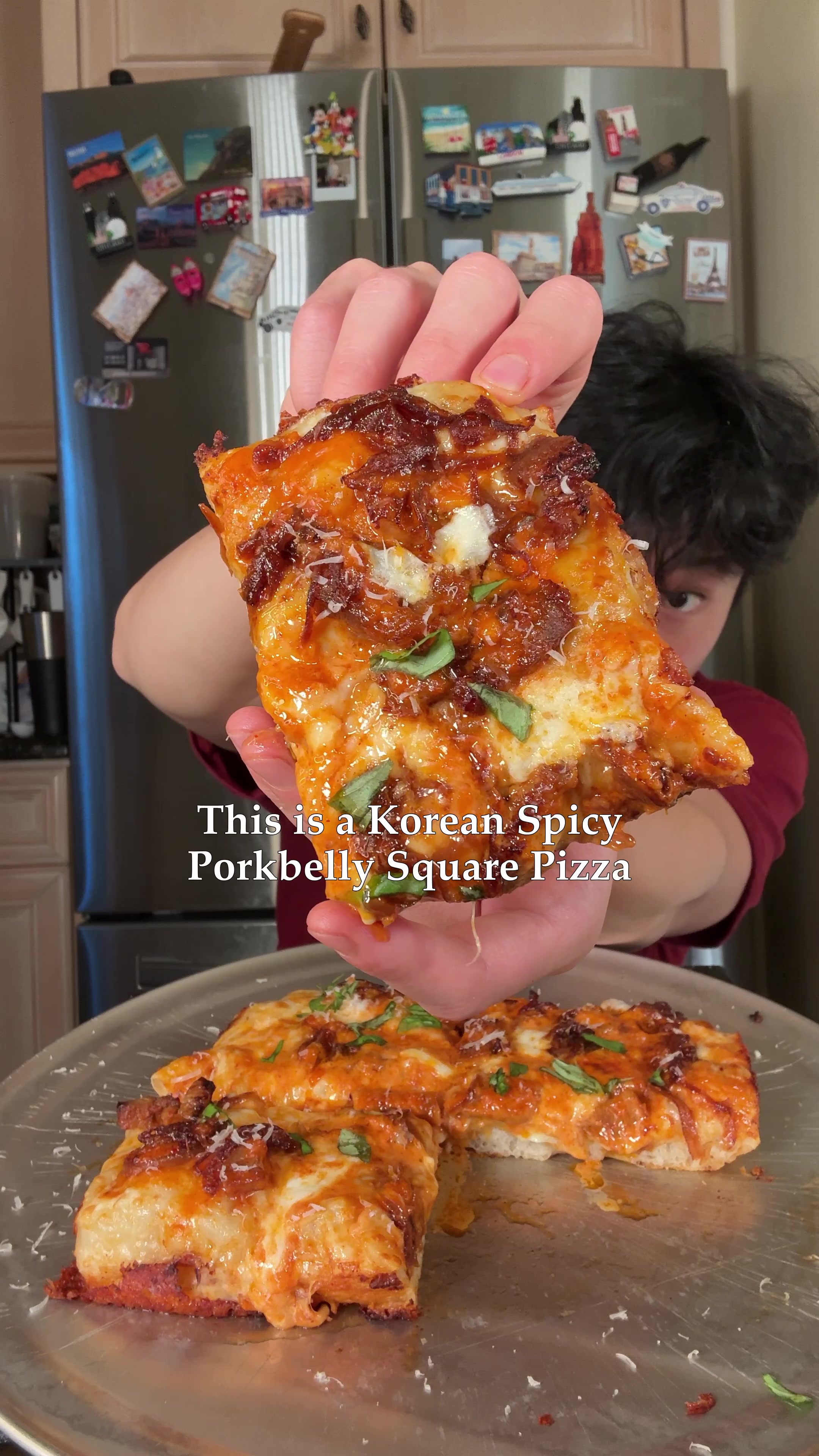 TikTok post by @tdk0420 for Instant Pot. Caption reads: Korean Spicy Porkbelly Square Pizza baked at 500°F....