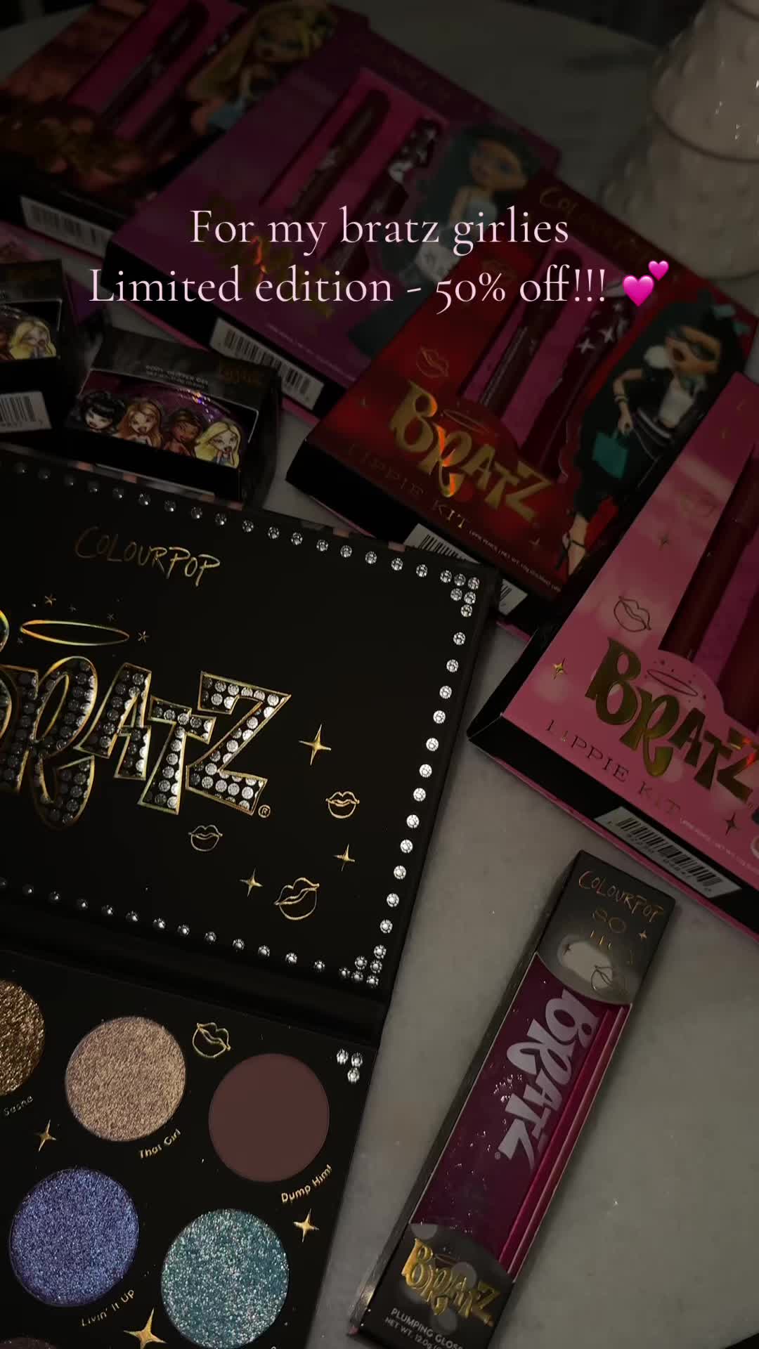 TikTok post by @muathalia_ for Bratz. Caption reads: [...] Limited edition @ColourPop Cosmetics X....