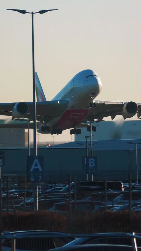 Instagram post by @elemer.aviation for Emirates. Caption reads: Emirates A380 Stunning departure from London....