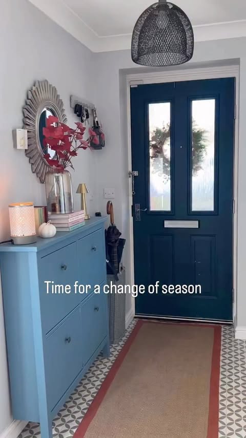 Instagram post by @myhomeismyhappy for Kukoon Rugs. Caption reads: [...] hall way makeover with a new rug from....