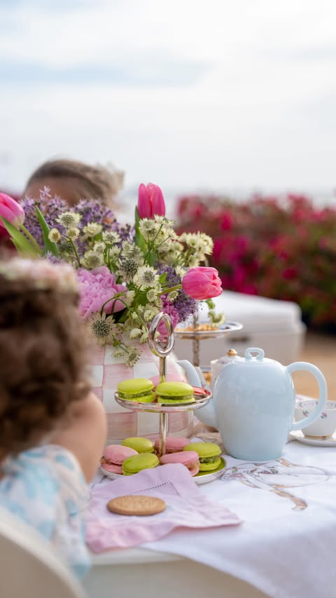 Instagram post by @camilaguiribitey for Bridgerton. Caption reads: Tea time, but make it Bridgerton. ☕️🌸 Putting....