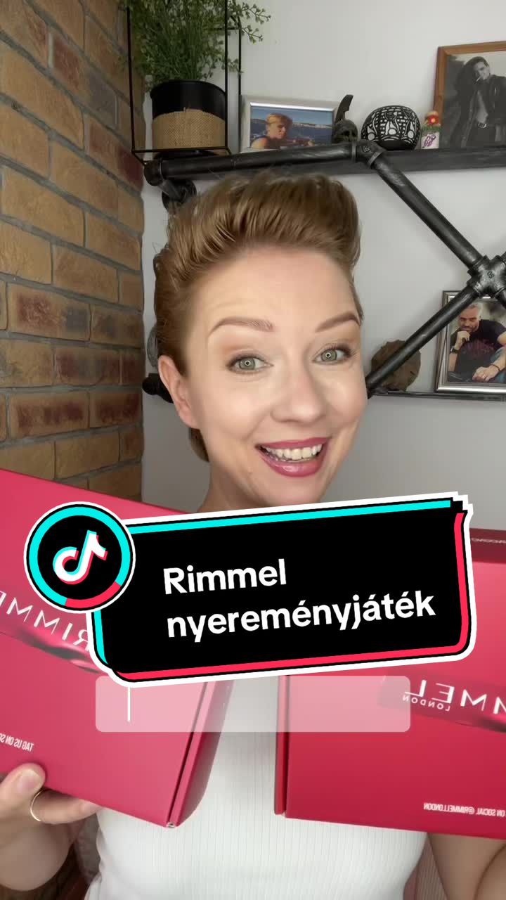 TikTok post by @pappgabimakeup for rimmellondon. Caption reads: Hirdetés | Nyereményjáték ✨ Lezárult, a nyertes....