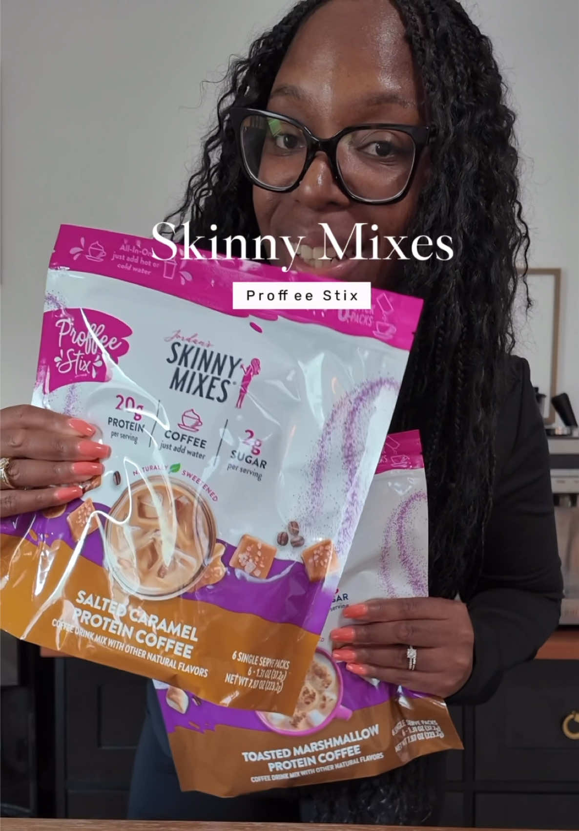 TikTok post by @mychoyceofcoffee for Jordan’s Skinny Mixes. Caption reads: These Proffee Stix from @Skinny Mixes are....
