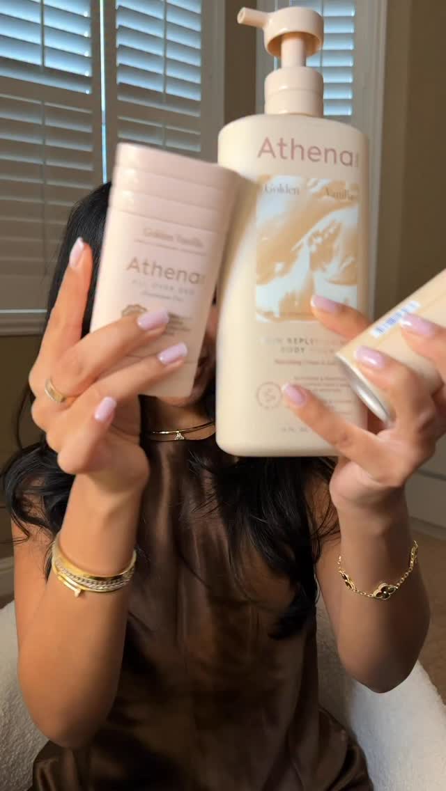 Instagram post by @simmykinns for Athena Club. Caption reads: coziest warm vanilla scent 🍦🤎 @athenaclub....