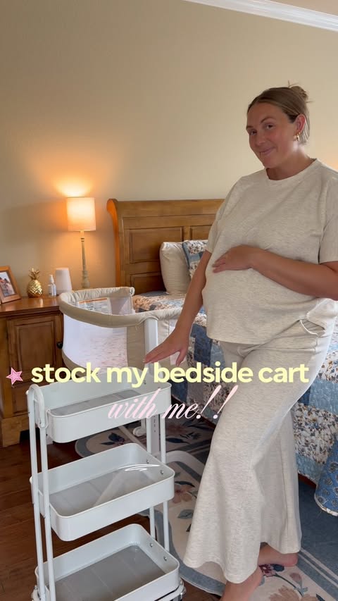 Instagram post by @lifewithhannahb for Medela. Caption reads: Stock my bedside cart with me!🎀👶🏼💖....