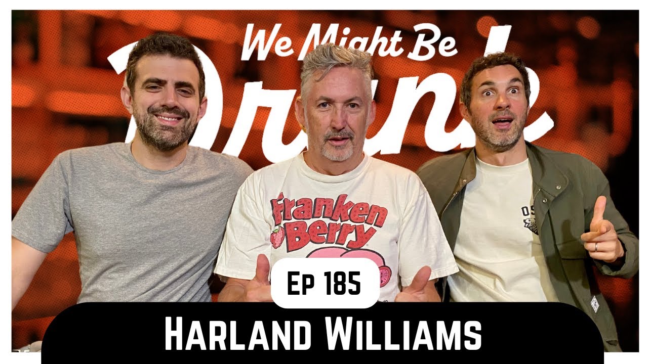 YouTube post by @WeMightBeDrunkPod for Cuts Clothing. Caption reads: Ep 185: Harland Williams & Sci Fi Hamster Wheel.