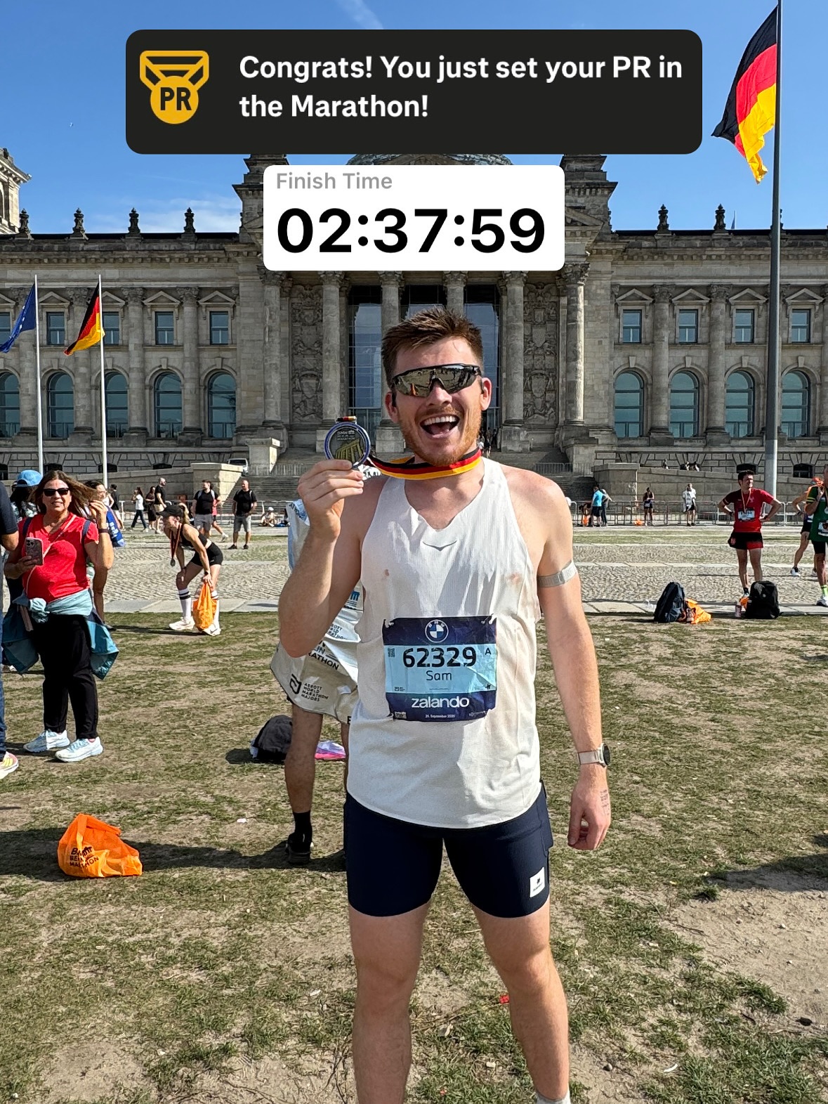 Instagram post by @globerunnergriff for COROS. Caption reads: 2:37:59 at the Berlin Marathon!!! 🌟🥳🚀

London....