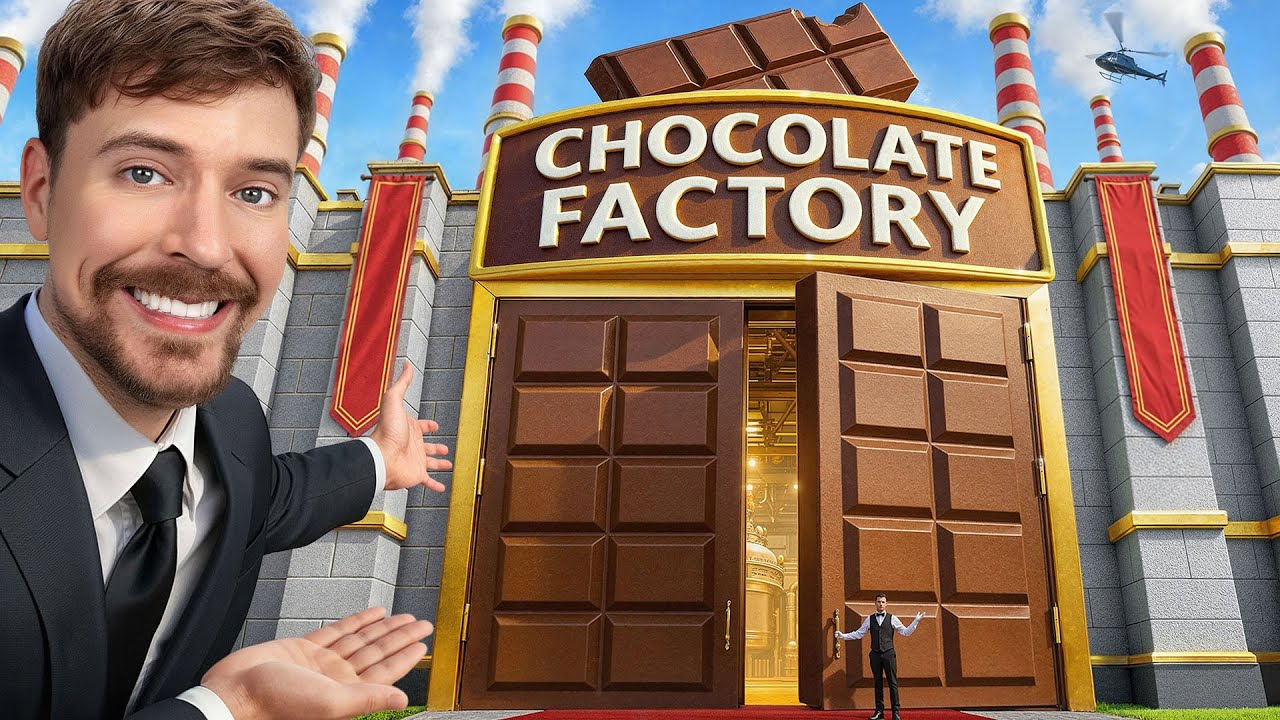 YouTube post by @MrBeast2 for Feastables. Caption reads: $1,000,000,000 Chocolate Factory Tour.
