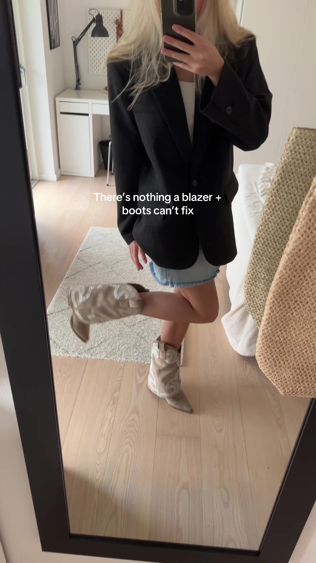 TikTok post by @earthoa for SOFIE SCHNOOR. Caption reads: Ad | Prettiest blazer @SOFIESCHNOOR #boots....