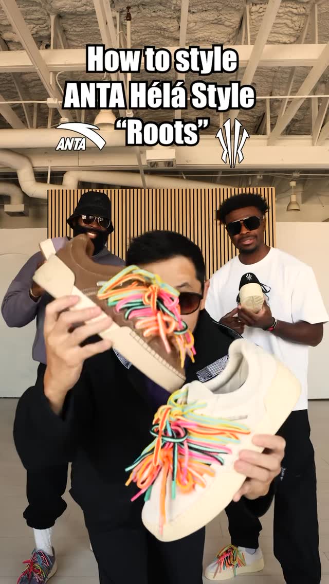 Instagram post by @junjdm for Foot Locker. Caption reads: Styling the ANTA Hélá Style “Roots”. Which look is....