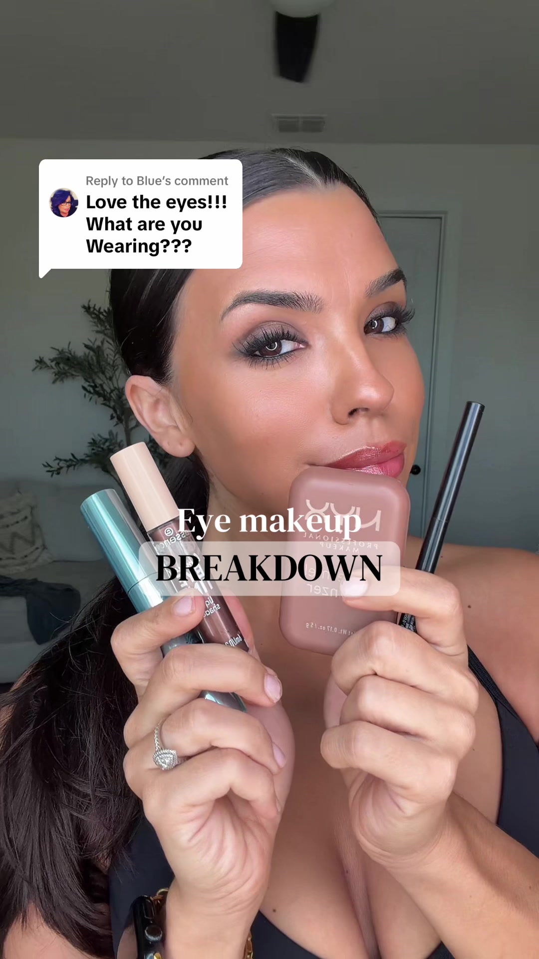 TikTok post by @izzyfitch for ESSENCE. Caption reads: [...] of what I used to get this look! @essence....