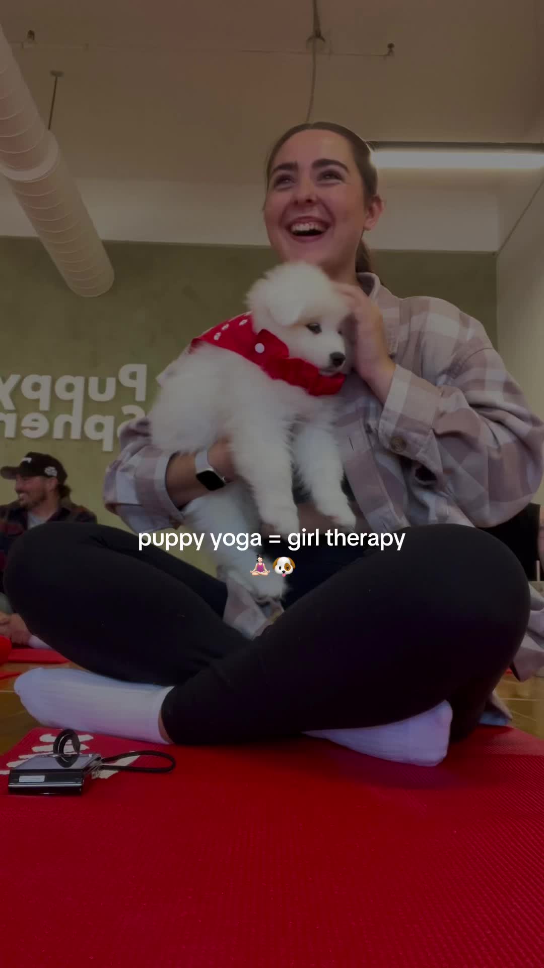 TikTok post by @tjmcgibbonn_ for Puppysphere. Caption reads: [...] puppy yoga 🥹 I had the best time at....