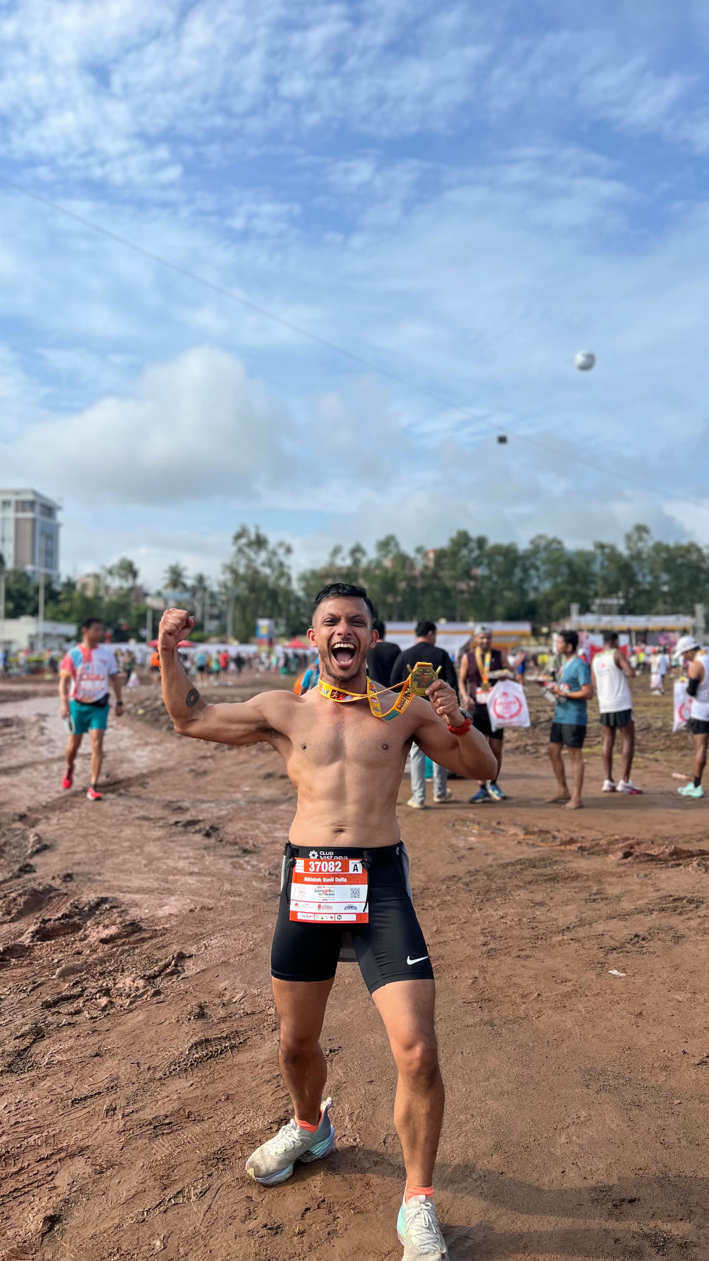 Instagram post by @abkdutta for Amazfit. Caption reads: GOLD MEDAL🏅 at Satara Hill Half Marathon 🏃‍♂️....