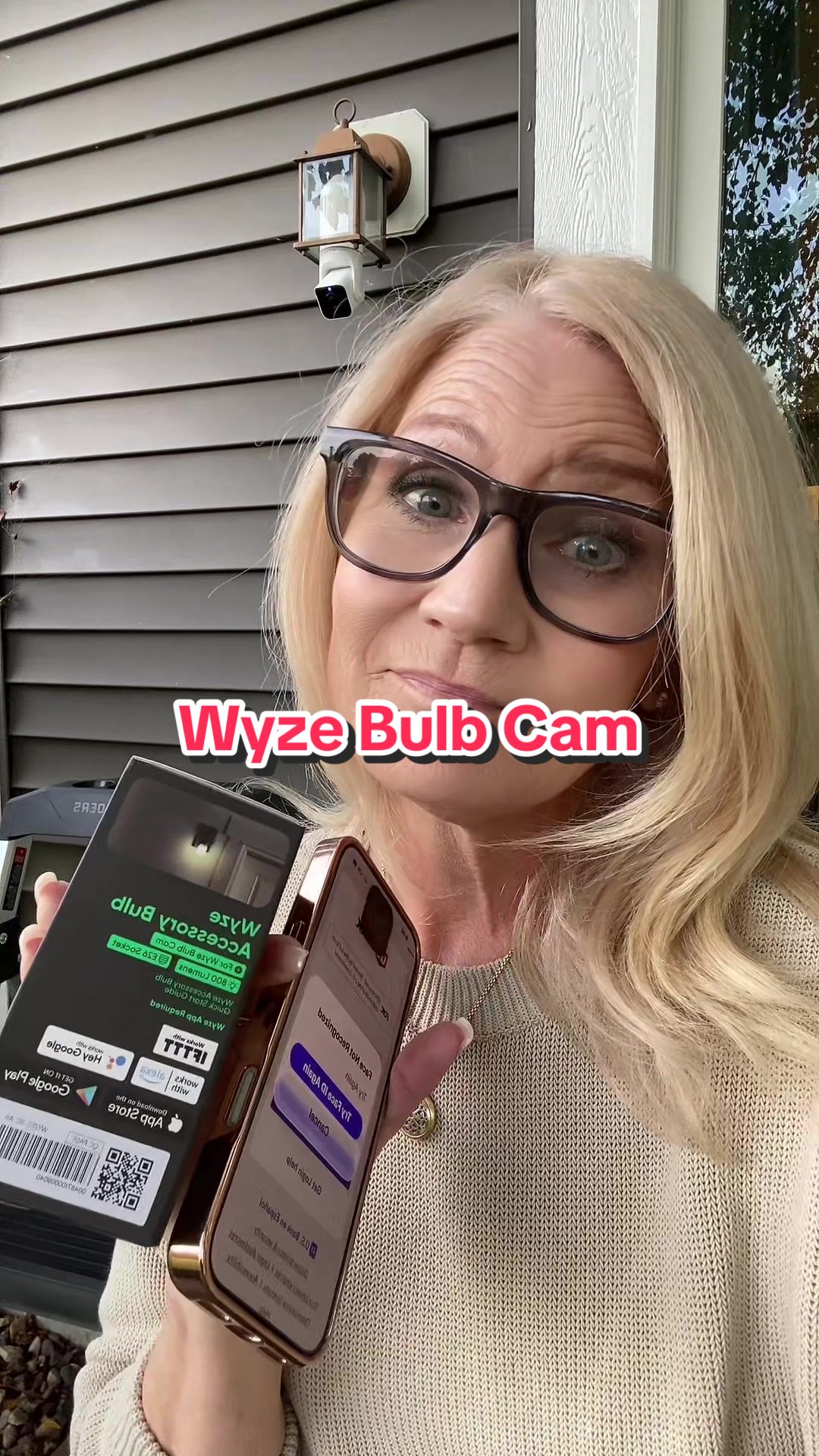 TikTok post by @kelliecreates for Wyze. Caption reads: I already have the Wyze Bulb Cam on my front door....