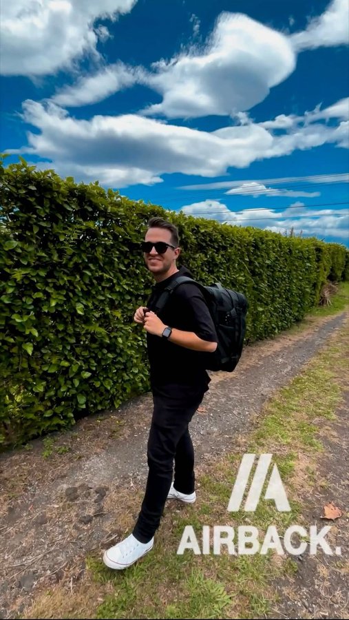 Instagram post by @mrjasonsantos for Airback. Caption reads: [...] packed my backpack for the weekend with....